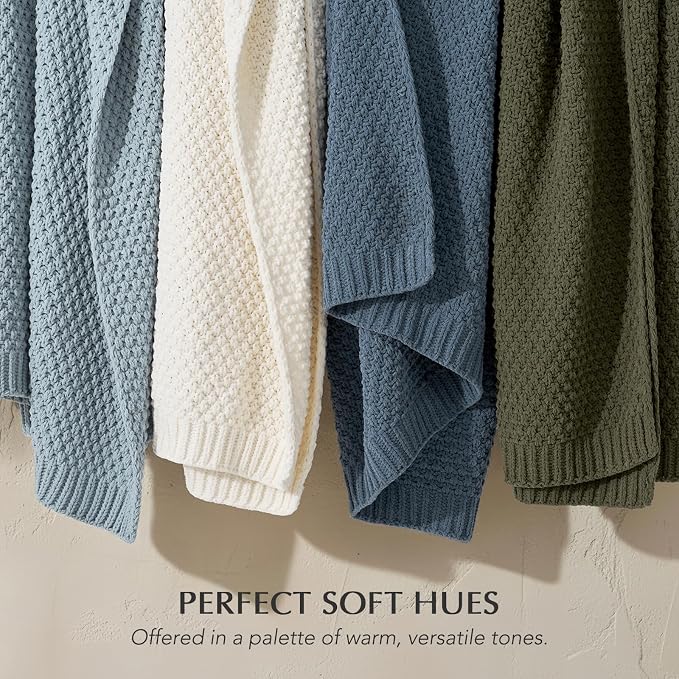 EVERGRACEHOME Chunky Chenille Knit Throw Blanket, 60 x 80, Chambray Blue | Sculpted Moss Stitch, Chic Modern Farmhouse, All-Season Warmth, OEKO-TEX® Certified, Elegant Blanket for Couch, Bed, Sofa
