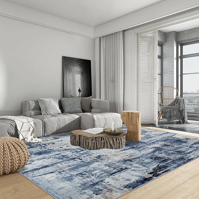 9x12 Area Rugs for Living Room: Washable Abstract Blue Gold Badroom Carpet | Non-slip TPE backing makes this washable soft low-pile rug safe & durable, Pet-friendly decor for dining room,nursery,office