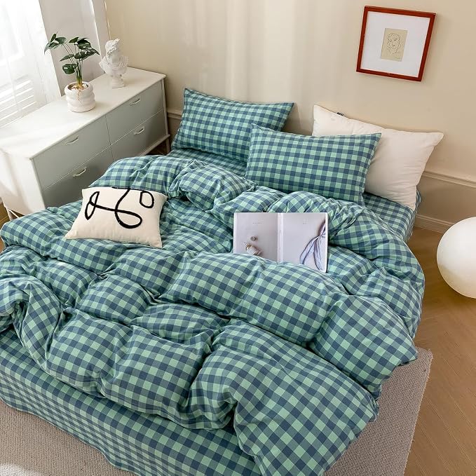 mixinni Green Gingham Grid Duvet Cover Twin, 100% Washed Cotton Modern Geometric Bedding Set with 2 Pillowcases, Farmhouse Style Blue Plaid Comforter Cover Set for Men & Women, Soft & Lightweight