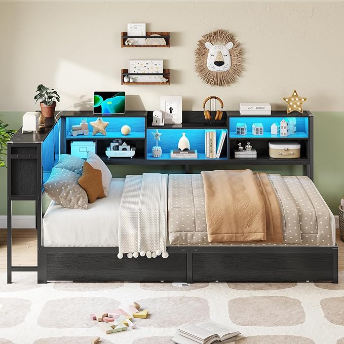 DICTAC Twin XL Corner Bed Frame with Bookcase Storage and Led Lights Metal Platform Bed Frame with 2 Drawers & Charging Station Twin XL Daybed for Kids/Teen with Storage,Kids Corner Bed Frame,Black