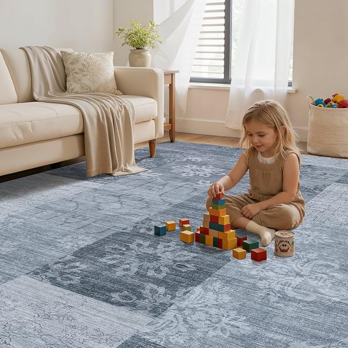 UERMEI 5x7 Area Rug for Living Room - Washable Vintage Carpet, Non-Slip Soft Large Indoor Floor Rugs for Bedroom Home Office & Under Dining Table Decor, Blue Block