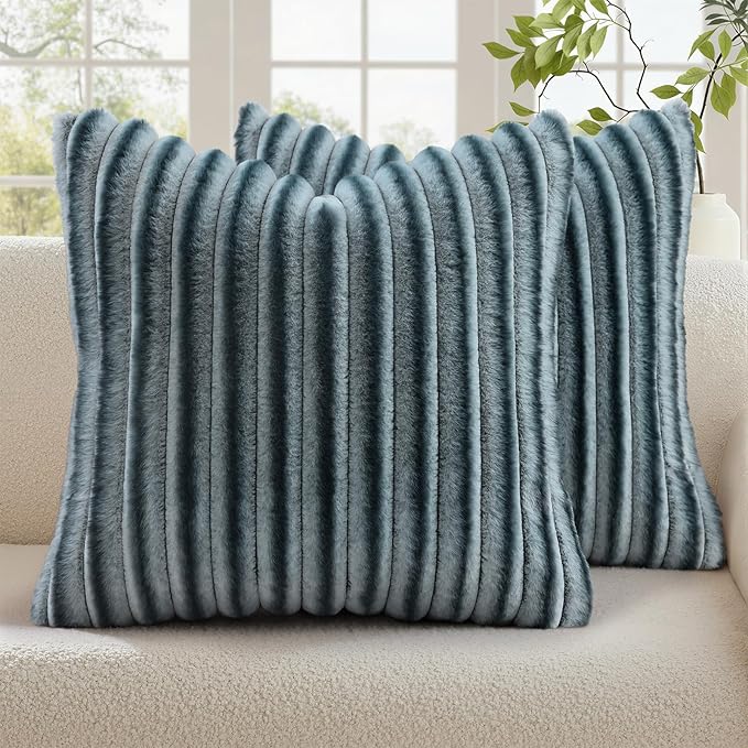 decorUhome Fall Faux Fur Throw Pillow Covers 18x18 Set of 2 Blue Grey | Decorative Soft Cozy Striped Plush Modern Farmhouse Boho Couch Pillow Cases Velvet Back for Sofa Bed Living Room Home Decor