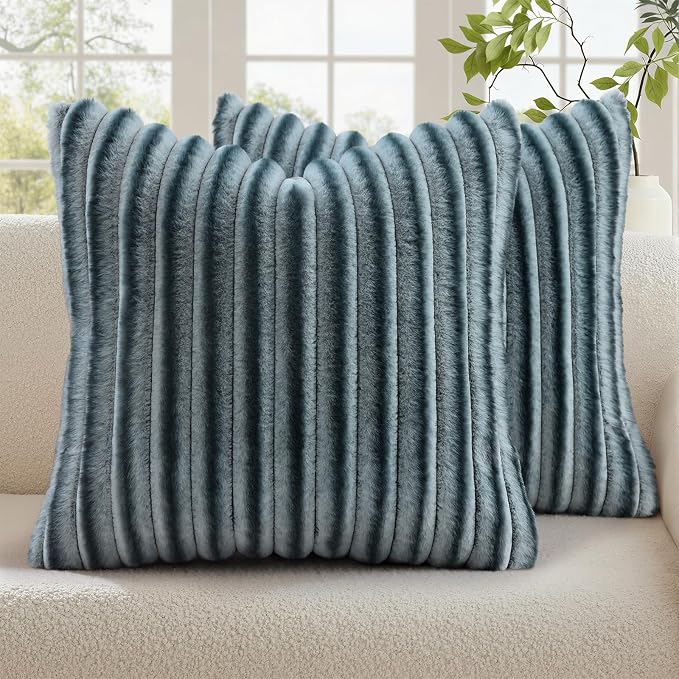 decorUhome Fall Faux Fur Throw Pillow Covers 16x16 Set of 2 Blue Grey | Decorative Soft Cozy Striped Plush Modern Farmhouse Boho Couch Pillow Cases Velvet Back for Sofa Bed Living Room Home Decor