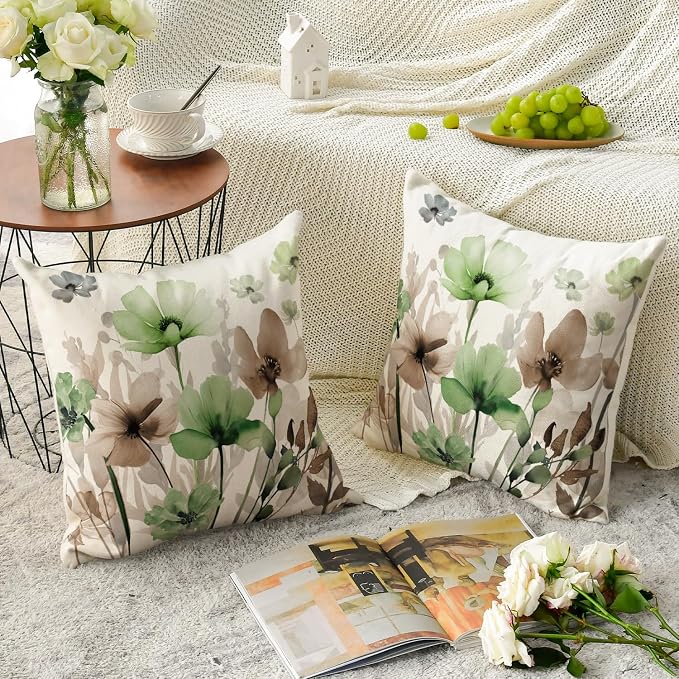 AVOIN colorlife Poppy Flowers Pillow Covers 18x18 Inch Set of 2 | Chinoiserie Sage Green Brown Seasonal Leaves Cushion Case Decoration for Sofa Couch Farmhouse