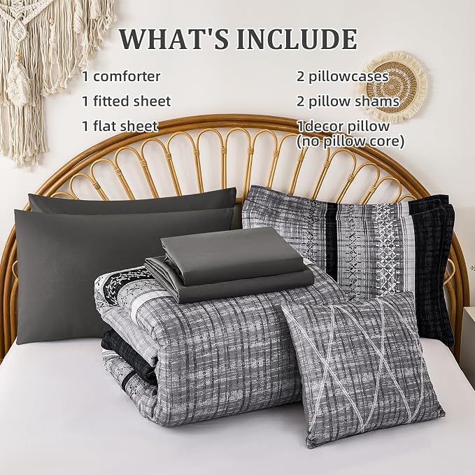 Dintszyayue Black Comforter Set Cal King Size, 8 Pieces Boho Striped Bed in a Bag Soft Microfiber Bedding Set for All Season