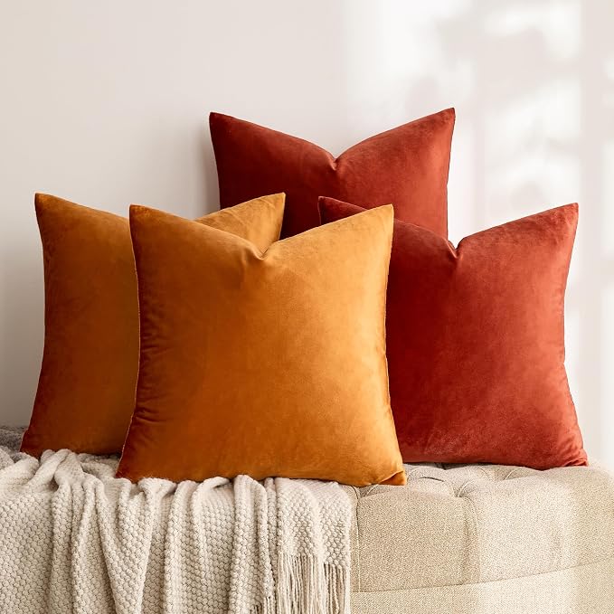 GIGIZAZA Pack of 4 Decorative Velvet Pillow Covers 16x16 Orange | Throw Pillows for Couch Sofa,280gsm Soft Textured Fabric,Modern Accent Pillowcases,Luxury Living Room Cushion Covers