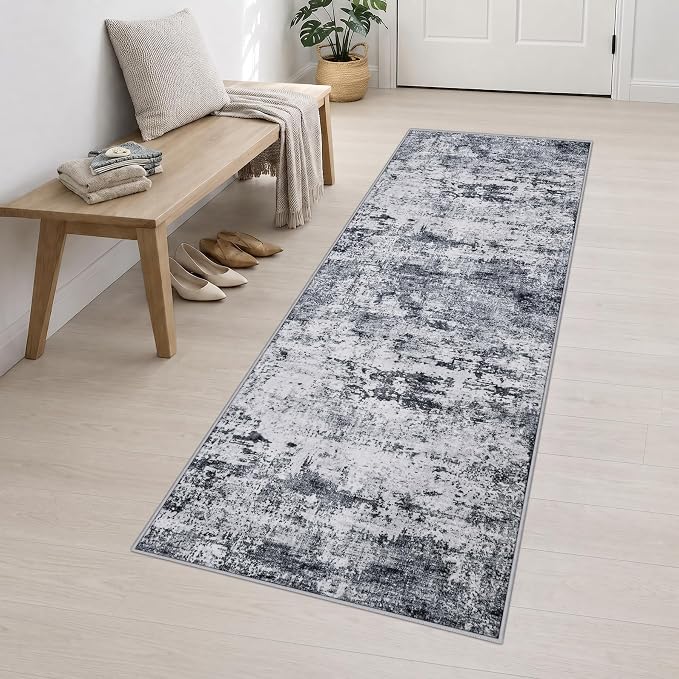 2.6x10 Washable Runner Rug:Modern Abstract Indoor Soft Carpet Grey | For Hallway, Bedroom, Kitchen, Laundry, Bathroom,Door Mat,Modern Abstract,Machine washable,Non-Slip,Stain Resistant,Indoor
