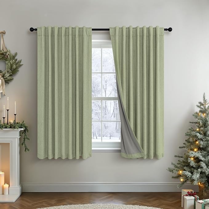 Light Sage Blackout Curtains for Bedroom Aesthetic 54 Inch Long 2 Panel Thermal Insulated Darkening Vintage Curtains for Small Window Short Length Classroom Playroom Linen Look Cottage Core Sage Green