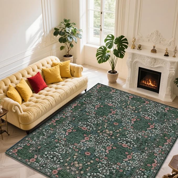 Extra Large 10x14 Area Rug for Living Room, Washable Rugs for Dining Room, Bedroom, Non Slip Stain Resistant Carpet, Low Pile Vintage Floral Rug (Green)