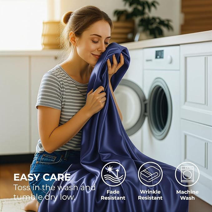 Satin Sheets Full [4-Piece, Midnight Blue] Hotel Luxury Silky Bed Sheets - Extra Soft 1800 Microfiber Sheet Set, Wrinkle, Fade, Stain Resistant - Deep Pocket Fitted Sheet, Flat Sheet, Pillow Cases
