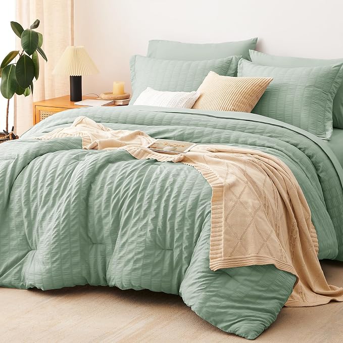 Queen Comforter Set, 7 Pieces Sage Green Seersucker Bed in a Bag | OEKO-TEX Certified, All Season Bedding Set with 240 GSM Down Alternative Comforter, Flat & Fitted Sheets, Pillowcases & Shams
