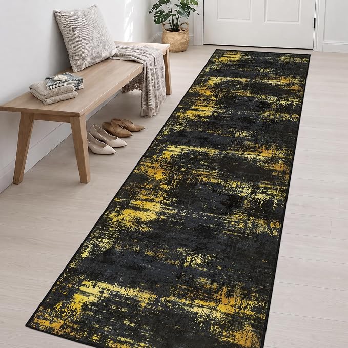 3x14 Washable Runner Rug：Modern Abstract Soft Carpet Black Gold | For Hallway, Bedroom, Kitchen, Laundry, Bathroom,Door Mat,Modern Abstract,Machine washable,Non-Slip,Stain Resistant,Indoor