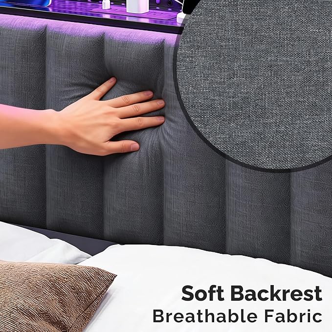 VINGLI King Size Headboard Only, Adjustable Upholstered Headboard with 2 Tier Shelves and Pegboard with Charging Stations and LED Lights, Modern Bed Headboard with Storage for Bedroom Decor