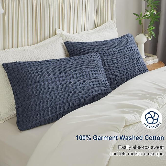 PHF 100% Cotton Waffle Pillow Shams King Size, 2 Pack 20" x 36" Soft Skin-Friendly Pillowcases, No Filling, Aesthetic Woven and Breathable Waffle Weave Pillow Case Covers for Bed, Indigo