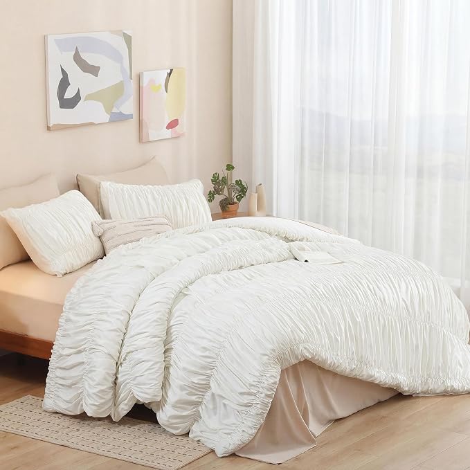 weigelia Cream Ruched Comforter Set King Size, Cute Girls Bedding Set | All Season, Soft Microfiber Comforter, Cozy Cinched Design for Home & Bedroom Decor (1 Comforter,2 Pillowcases)