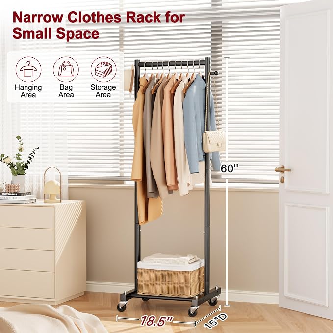 SLEEPING LAMB Small Clothes Racks for Hanging Clothes, Rolling Clothing Rack with Shelves, 60" Metal Garment Rack with Wheels Portable Wardrobe Rack for Small Space, Black
