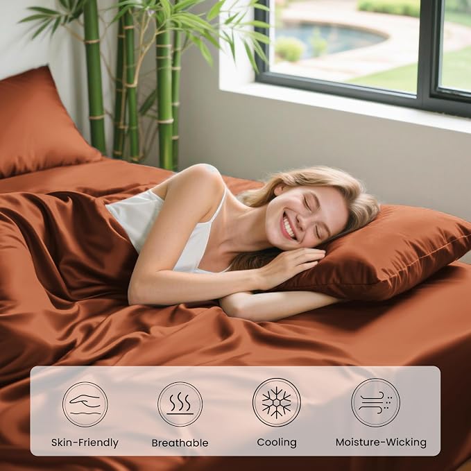 Love's cabin 4 Piece King Size Sheet Set, 100% Rayon Derived from Bamboo, Cooling & Breathable, Soft Silky Deep Pocket up to 16", Hotel Luxury Bedding for Hot Sleepers, Burnt Orange