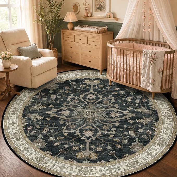 RELEANY Washable Area Rug, Round 5ft, Black/Vintage/Beige | Non-Slip, Water Repellent, Pet Friendly, Easy to Clean, Vintage Floral Boho Decor for Living Room Bedroom Dining Room
