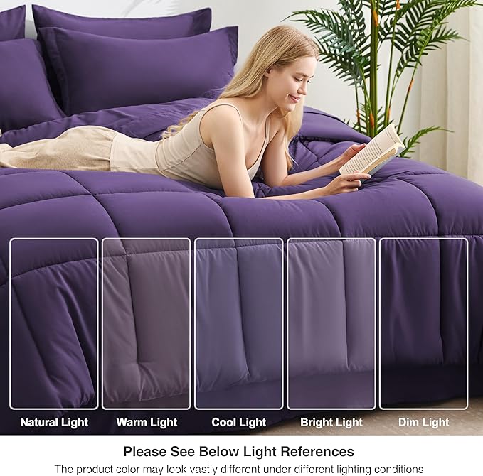 Love's cabin Queen Comforter Set Dark Purple, 7 Pieces Queen Bed in a Bag, All Season Bedding Sets with 1 Comforter, 1 Flat Sheet, 1 Fitted Sheet, 2 Pillowcase and 2 Pillow Sham
