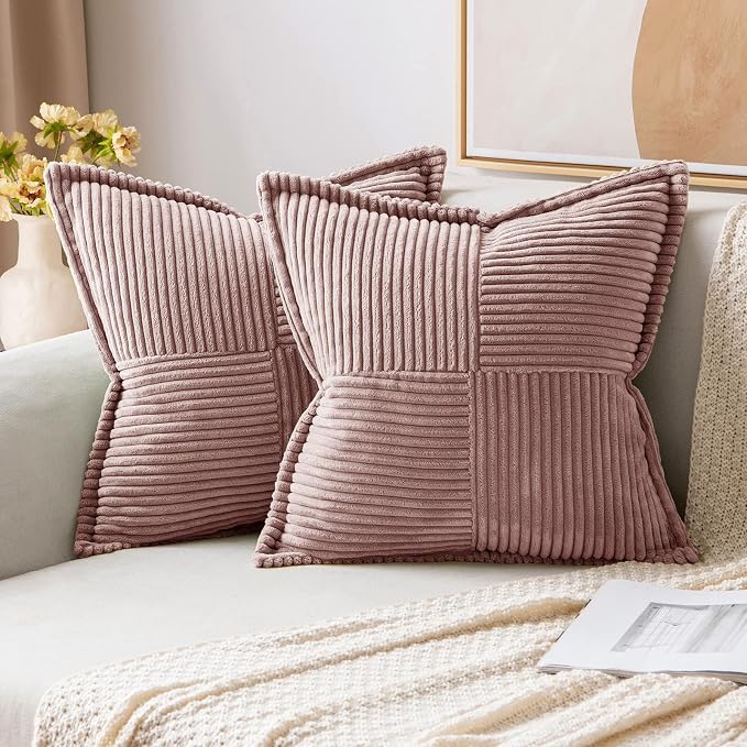 MIULEE Decorative Throw Pillow Covers for Couch 16x16 Inch Blush Pink | 2 Pack, Boho Broadside Striped Patchwork Pillow Covers, Soft Corduroy Cushion Cases, For Sofa Bed Livingroom Home Decor
