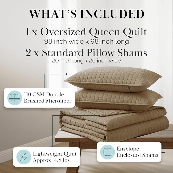 Southshore Fine Living, Inc. Full/Queen Quilt Set with 2 Matching Pillow Shams, Lightweight Full Size Quilt Coverlet, Easy Care, Machine Washable Queen Size Bedspread, Taupe