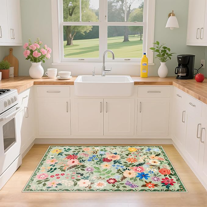 PLHXFR 2x3 Small Entryway Rug: Floral Washable Indoor Soft Carpet Green | For Entrance, Bedroom, Kitchen, Laundry, Bathroom,Door Mat,Vintage Floral,Machine washable,Non-Slip,Stain Resistant,Indoor