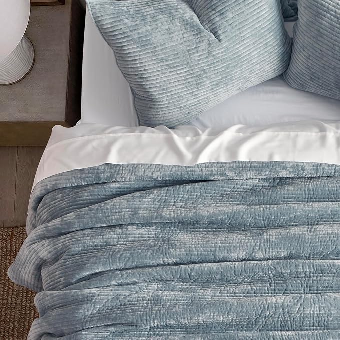 EverGrace Striped Channel Velvet Quilt Set, Queen Size, Blue Linen | Luxurious Soft Lightweight Velvet Comforter, Oversized Bedspread Coverlet, Quilted Bedding Set for All Season, with 2 Shams