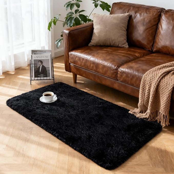 Fluffy Shaggy Small Area Rug, Black 2x4 Runner Rugs for Bedside Christmas Decor, Mini Fuzzy Plush Throw Rug, Soft Non-Slip Entryway Shag Catpet for Livingroom Holiday Home Aesthetic