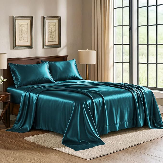 Satin Sheets King [4-Piece, Teal] Hotel Luxury Silky Bed Sheets - Extra Soft 1800 Microfiber Sheet Set, Wrinkle, Fade, Stain Resistant - Deep Pocket Fitted Sheet, Flat Sheet, Pillow Cases