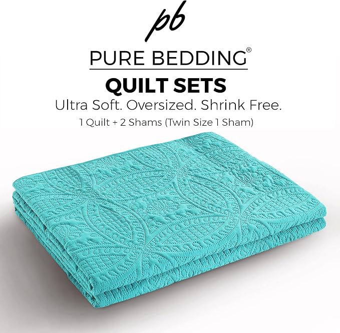Pure Bedding Quilt Set Full/Queen Size Aqua - Oversized Bedspread - Soft Microfiber Lightweight Coverlet for All Season - 3 Piece Includes 1 Quilt and 2 Shams, Geometric Pattern