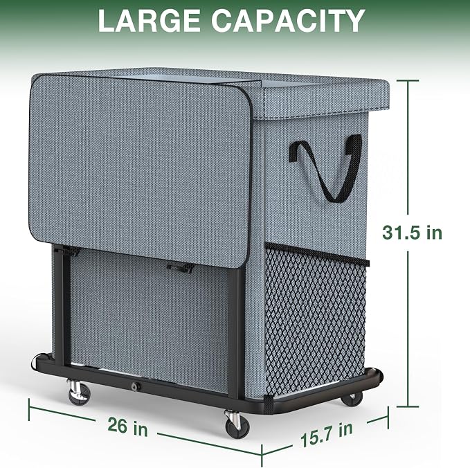 Laundry Basket with Lid,190L Rolling Laundry Hamper with Wheels,Grey | Dirty Clothes Hamper with Metal Frame and Removable Bag Design, Suitable for Laundry Room, Bedroom(2 Section)