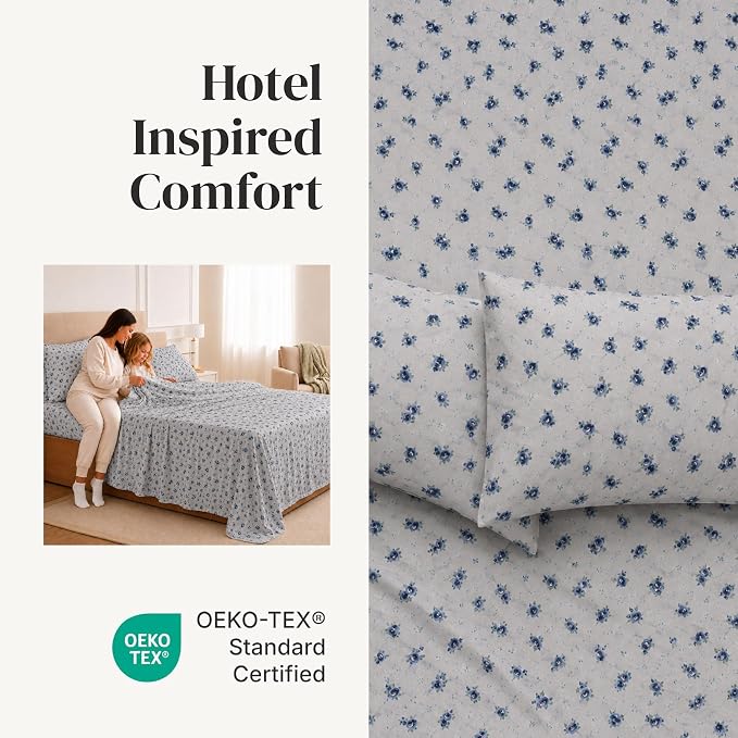 Modern Threads 3-Piece Ultra Soft Microfiber Bed Sheets Set, Wrinkle Free Sheets with Deep Pockets Fitted Sheet, Flat Sheet & Pillowcases, Lightweight Breathable Bedding, Blue Roses, Twin