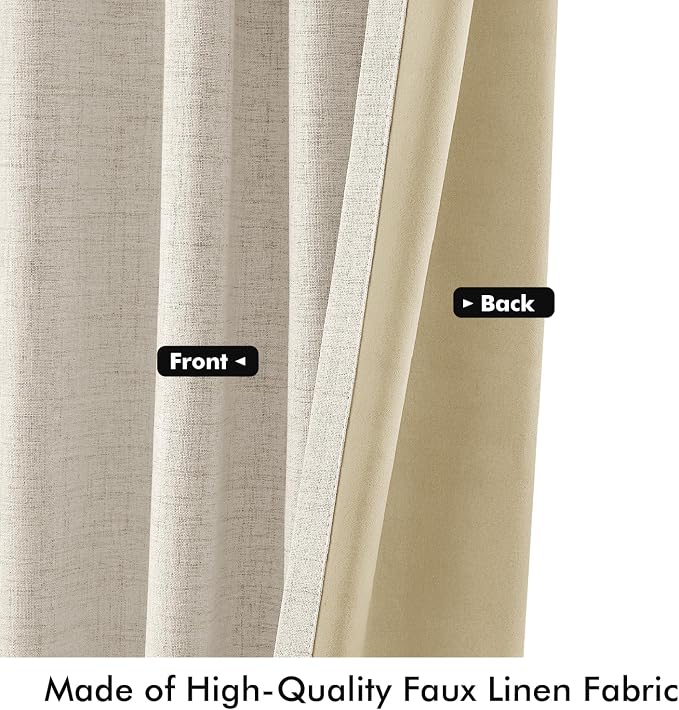 MIULEE 100% Blackout Linen Curtains 42 x 96 Inch Linen Beige 2 Panels | Thermal Insulated, Room Darkening Drapes for Bedroom Living Room, Back Tab Rod Pocket Pinch Pleated, Solid Luxury Decor