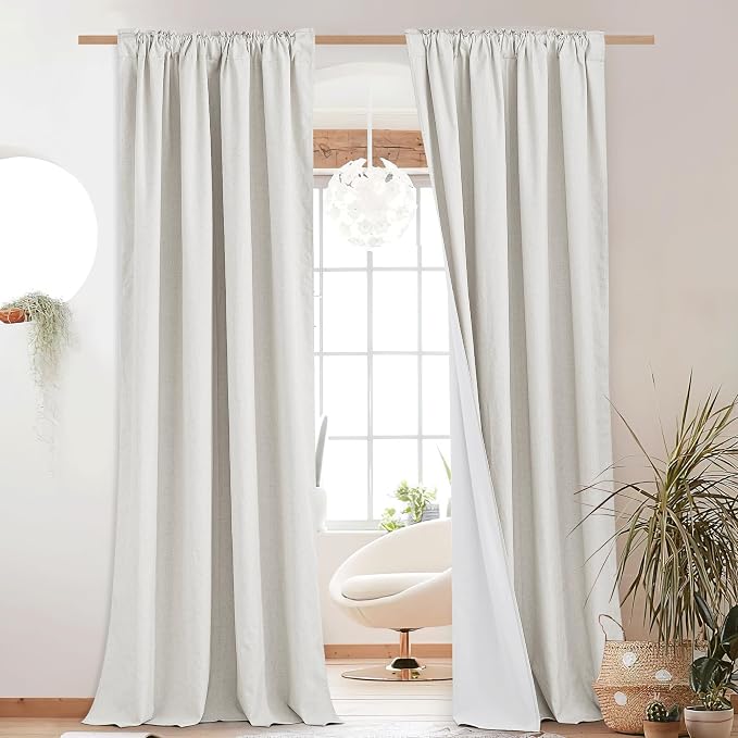 NICETOWN Back Tab 100% Blackout Linen Curtains 90" Length 2 Panels, Ivory | Thermal Insulated, Noise Reducing Textured Linen Look Windows Curtains for Daytime Sleepers Relaxation, W52" x L90" Each