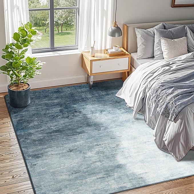 5x7 Washable Area Rug, Blue Solid Area Rugs for Living Room & Bedroom | Stain-resistant & Non-slip backing,Low Pile Washable Large Carpet, Solid Vintage Style For High Traffic Areas(5x7,Blue)