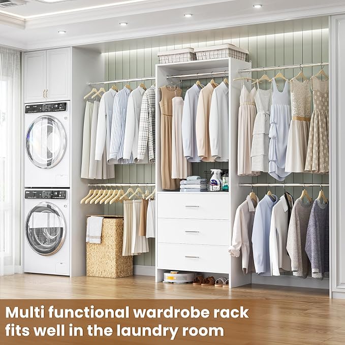 Aheaplus Closet System, 4.2-9Ft Closet Organizer with with 4 Rods, White | for Walk in Closet, Wardrobe Clothes Rack with Wooden Drawers, Garment Rack