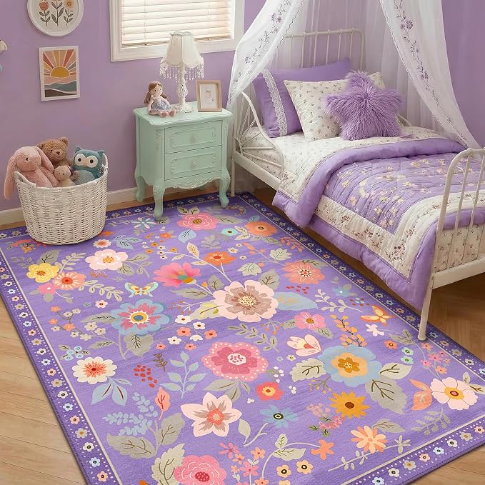 RELEANY Floral Washable 5x8 Area Rugs Purple/Pink | Flower Carpet, Print, Boho, Non-Slip, Easy to Clean, Soft, Low Pile for Living Room Bedroom Kitchen Office Entryway Hallway