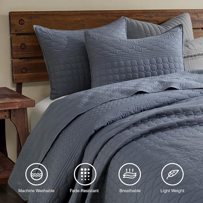 HORIMOTE HOME Steel Blue Twin Size Quilt Set - Soft Microfiber Bedspread with 1 Sham, Lightweight & All-Season Geometric Coverlet for Cozy Bedding