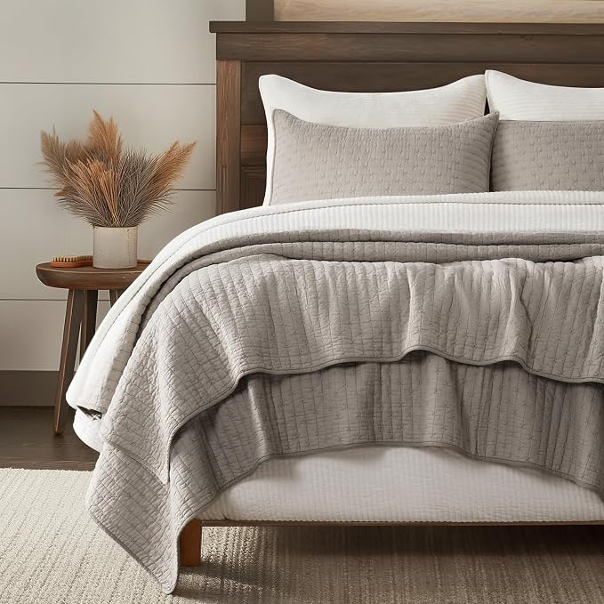 100% Cotton Cross Stitch 3-Piece Quilt Set, Queen, Taupe | 100% Cotton, Elegant Cross Stitch, Soft & Breathable, Prewashed Softness, Oversized Design, OEKO-TEX® Certified