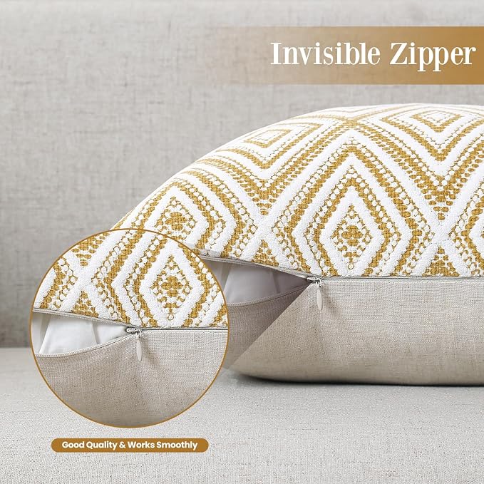 HPUK Throw Pillow Covers 20x20, 4 Pack, Ochre Textured Couch Pillow Covers | Polyester fabric, patterned and solid designs, hidden zippers, machine washable, for sofas and beds, inserts not included