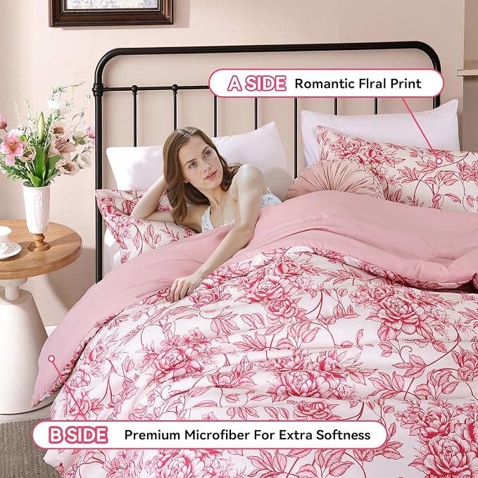 JANZAA Queen Size Comforter Set - Pink Peony Floral Shabby Chic Bedding | 3 Piece Cute Floral Bedding for All Season, 1 Soft Fluffy Breathable Microfiber Comforter Set with 2 Pillowcases