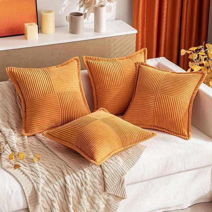 MIULEE Fall Burnt Orange Decorative Throw Pillow Covers 16x16 Inch 2 Pack | Boho Broadside Striped Patchwork Pillow Covers, Soft Corduroy Cushion Cases, For Couch Sofa Bed Livingroom Home Decor