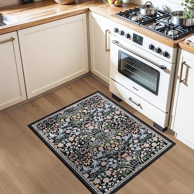PLHXFR 2x3 Small Entryway Rug: Floral Washable Indoor Carpet Dark Black | For Entrance, Bedroom, Kitchen, Laundry, Bathroom,Door Mat,Vintage Floral,Machine washable,Non-Slip,Stain Resistant,Indoor