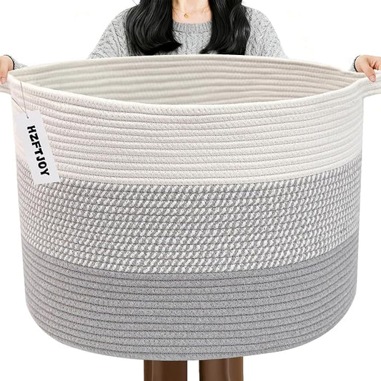 90L Extra Large Blanket Basket,Woven Rope Laundry Basket-Grey | Collapsible, reinforced handles, nursery storage bin organizes clothes, toys and pillows for living room, bedroom bathroom