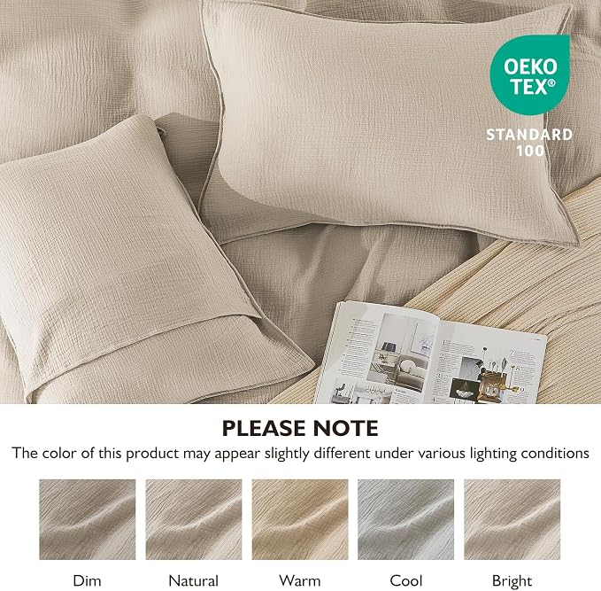 EMME Muslin Cotton Duvet Cover Set King Size Linen Like Soft Breathable Lightweight Summer Comforter Cover Set with Zipper Closure (King, 104"x90")