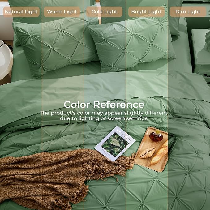 Sasttie King Size Comforter Set, 7-Piece Bed in a Bag, Pintuck Bedding Set for All Season, Includes Comforter, Flat Sheet, Fitted Sheet, Pillowcases and Pillowshams, Forest Green