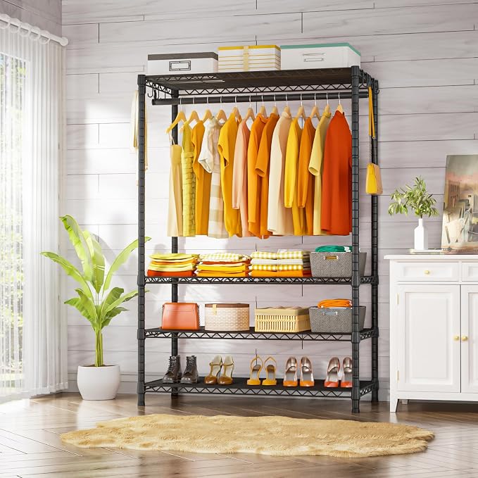 Ulif H4 Plus Portable Closets, 4-Tier Clothes Garment Rack for Bedroom | Heavy-Duty Metal Clothing Storage and Organizer Wardrobe System for Cloakroom, 45"W x 14"D x 76.4"H, Load 522lbs, Black