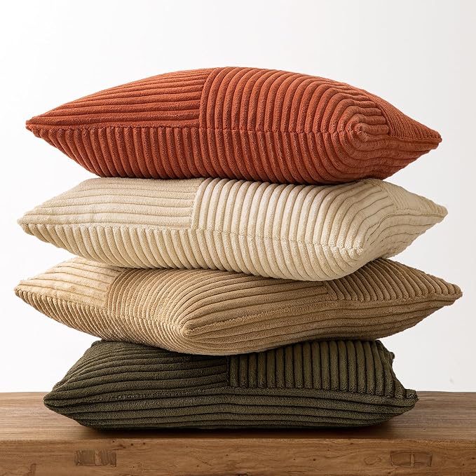 MIULEE Rust-Olive Green Decorative Throw Pillow Covers 18x18 Inch Set of 4 Boho Color-Clash Cushion Cases Farmhouse Pillow Cases Corduroy Striped Home Decor for Couch Sofa Living Room Bed