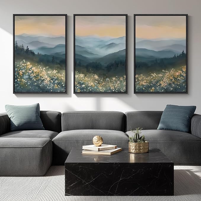 Large Framed Mountain Wildflower Landscape Wall Art for Living Room, 24x36 | Modern, Watercolor, Canvas artwork, Blue, Nature, Foggy scenery, Living room, Bedroom wall decor, Ready to hang, Wood frame