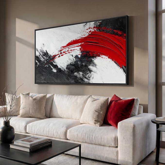 Extra Large Framed Red Black White Abstract Wall Art for Living Room, 60x30 | Modern black and white pictures, Canvas prints, Minimalist artwork for walls, Wall decor for bedroom dining office hallway
